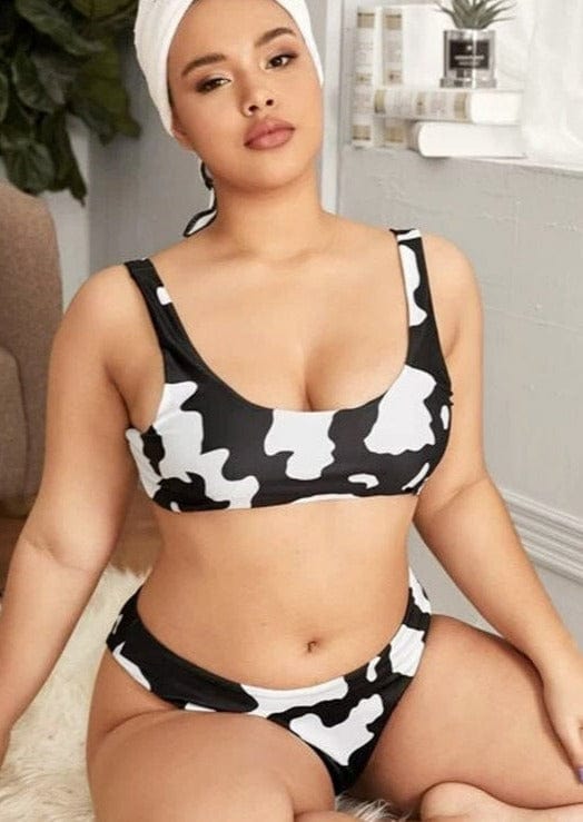 Plus Cow Print Scoop Neck Tank Mid Rise Bikini Set