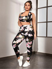 Conjunto de sujetador deportivo y leggings con cuello halter y estampado floral Plus