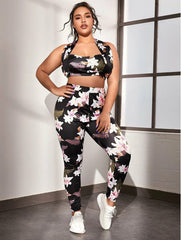 Conjunto de sujetador deportivo y leggings con cuello halter y estampado floral Plus