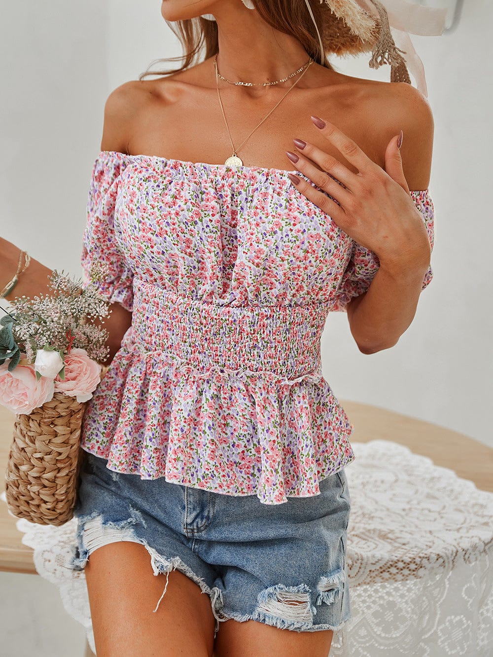 Floral Shirred Waist Peplum Top