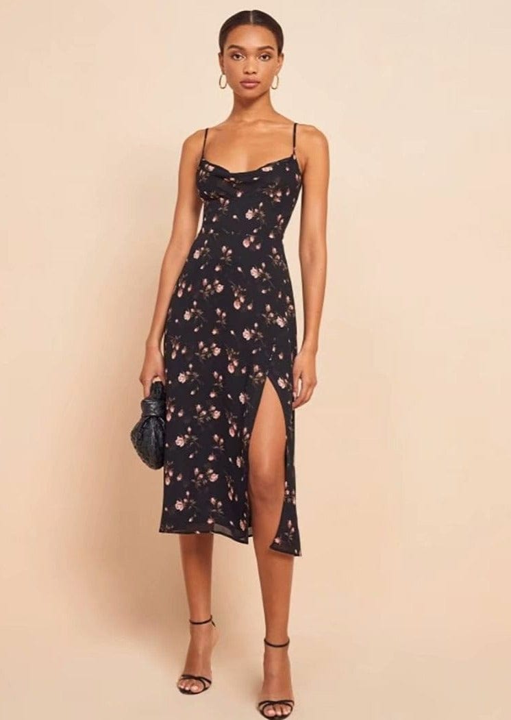 Floral Scoop Cowl Neck Leg Slit Midi Dress