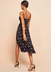 Floral Scoop Cowl Neck Leg Slit Midi Dress