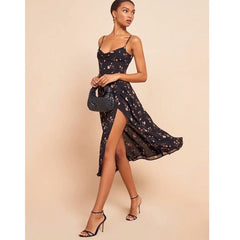 Floral Scoop Cowl Neck Leg Slit Midi Dress