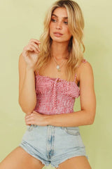 Crop Top mit Gingham-Muster und geraffter Schulterpartie