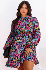 Vestido con cuello con volantes y flores multicolores