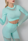 Mesh Stitching Long Sleeve Sports Top & Leggings Two-Piece Fitness Set
