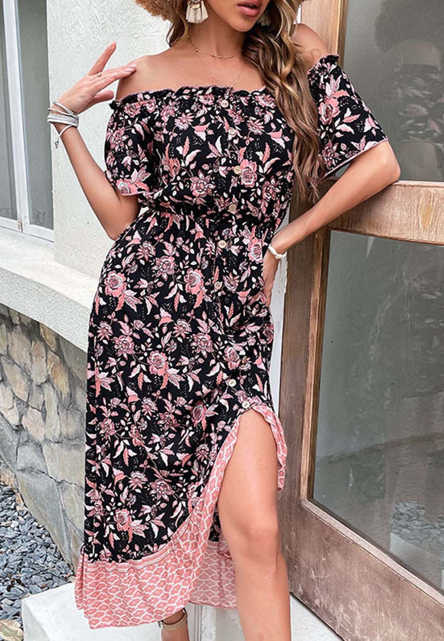 Vestido con volantes en el dobladillo y estampado en contraste