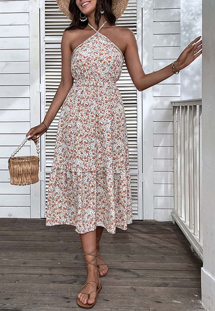 Vestido floral con escote halter en V y cintura fruncida