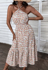 Vestido floral con escote halter en V y cintura fruncida