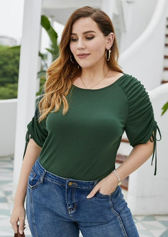 Plus Solid Ruched Sleeve Tee