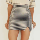 High Rise Plaid Slit Mini Skirt