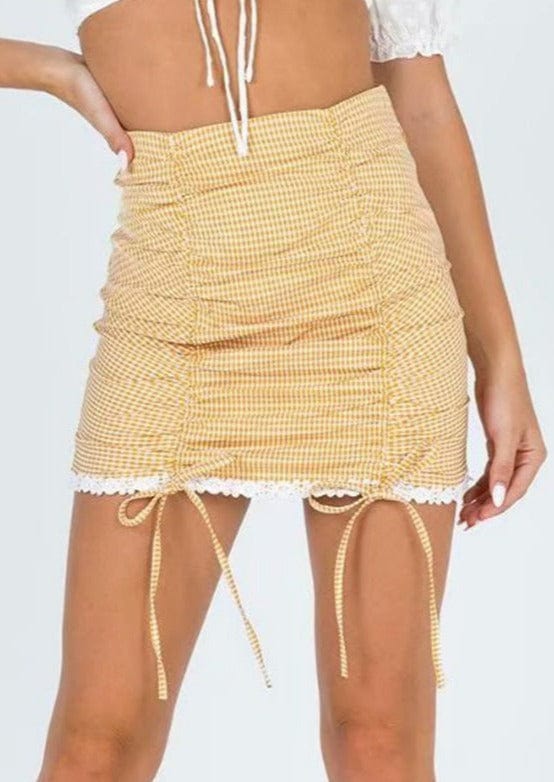High Rise Plaid Gingham Drawstring Ruched Lace Mini Skirt