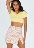 High Rise Orange Floral Printed Mini Leg Slit Skirt