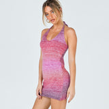 Crochet Knit Rainbow Ombre Halter Mini Dress