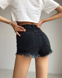 High Rise Distressed Raw Hem Denim Shorts