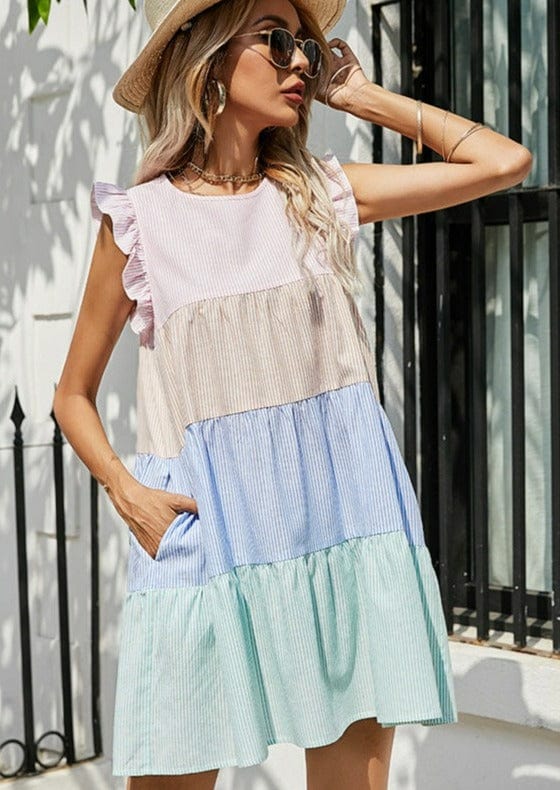 Color Block Striped Tiered Dress