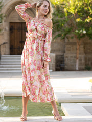 Vestido midi floral con hombros descubiertos, fruncido y mangas abullonadas con volantes