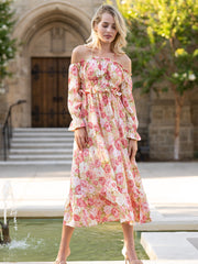 Vestido midi floral con hombros descubiertos, fruncido y mangas abullonadas con volantes