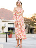 Floral Off-The-Shoulder Shirred Ruffled Puff Sleeve Midi Dress