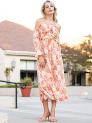 Vestido midi floral con hombros descubiertos, fruncido y mangas abullonadas con volantes