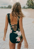 Flower Print Backless One-Piece Swimsuit