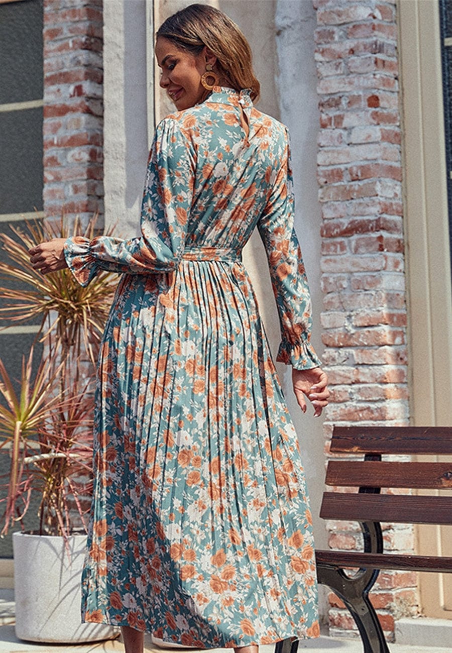 Vintage Floral Pleated Midi Dress