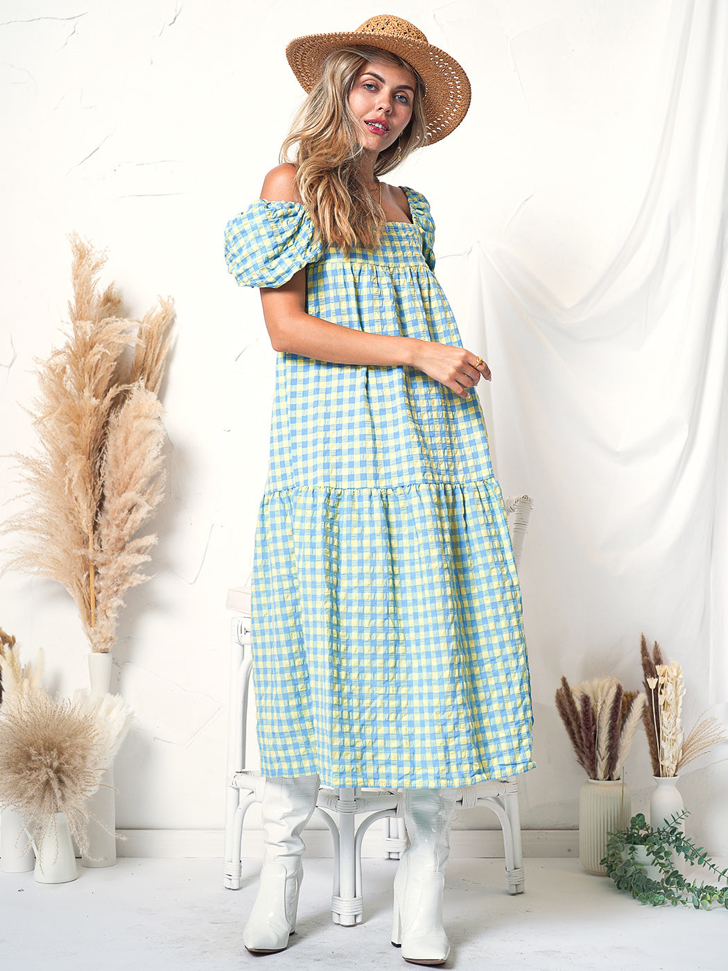 Green Plaid Print Puff Sleeve Maxi Dress Emes Shop Green Plaid Print Puff Sleeve Maxi Dress Emes Shop
