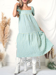 Green Plaid Print Puff Sleeve Maxi Dress