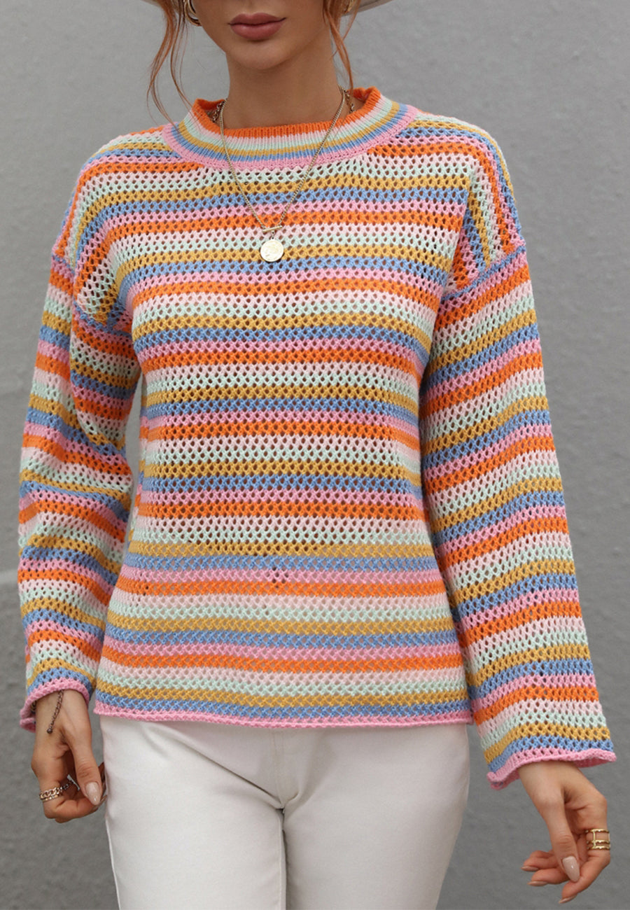 Colorful Striped Crochet Knit Sweater