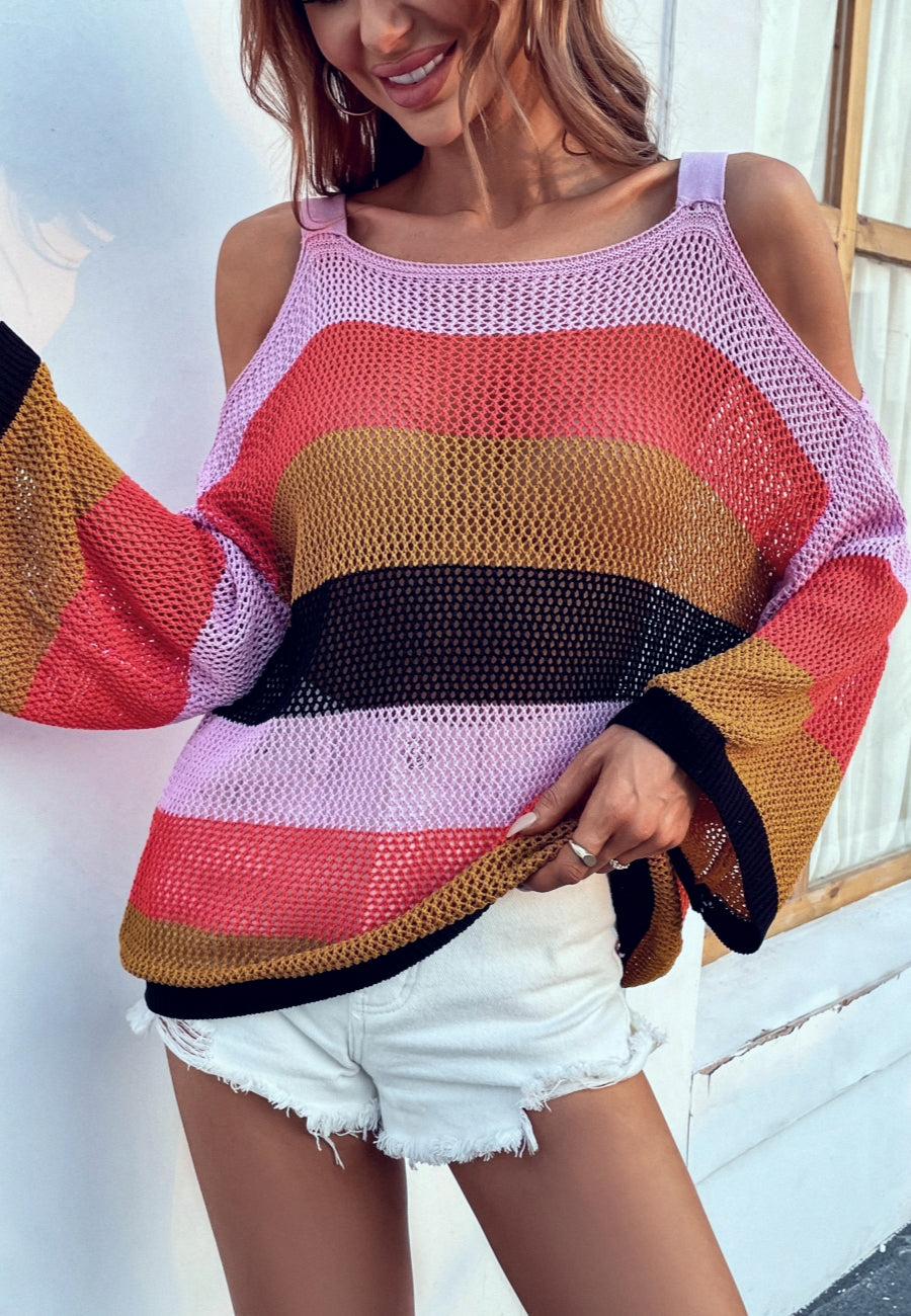 Mehrfarbig gestreifter Pullover mit schulterfreiem Schnitt 