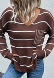 V Neck Striped Patch Pocket Sweater