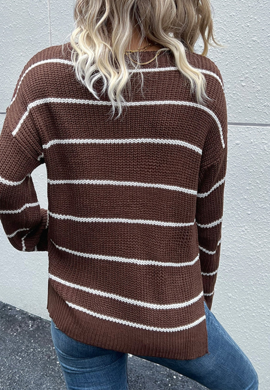V Neck Striped Patch Pocket Sweater