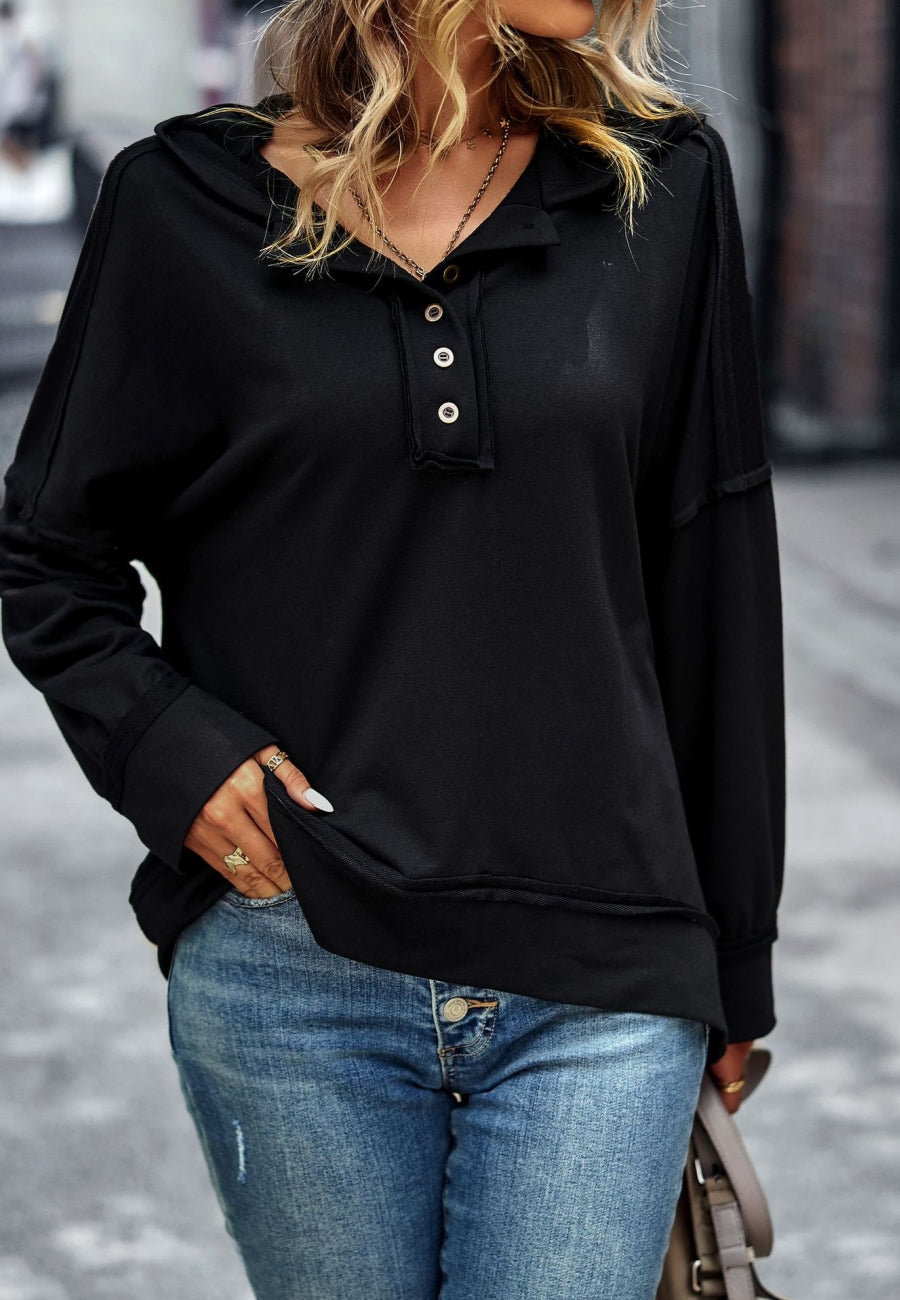 Solid Color Snap Button Henley Sweater