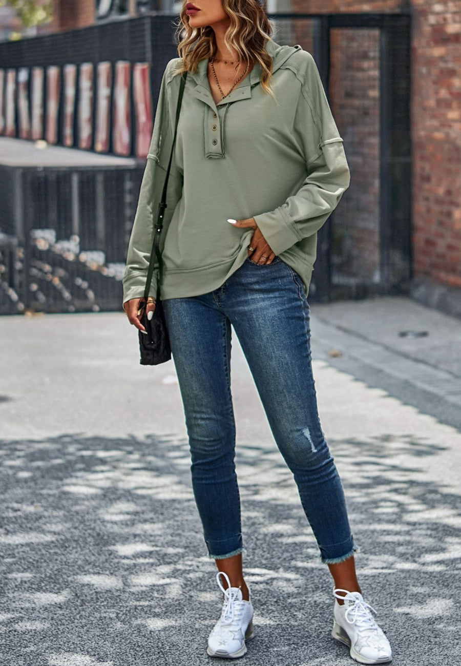 Solid Color Snap Button Henley Sweater