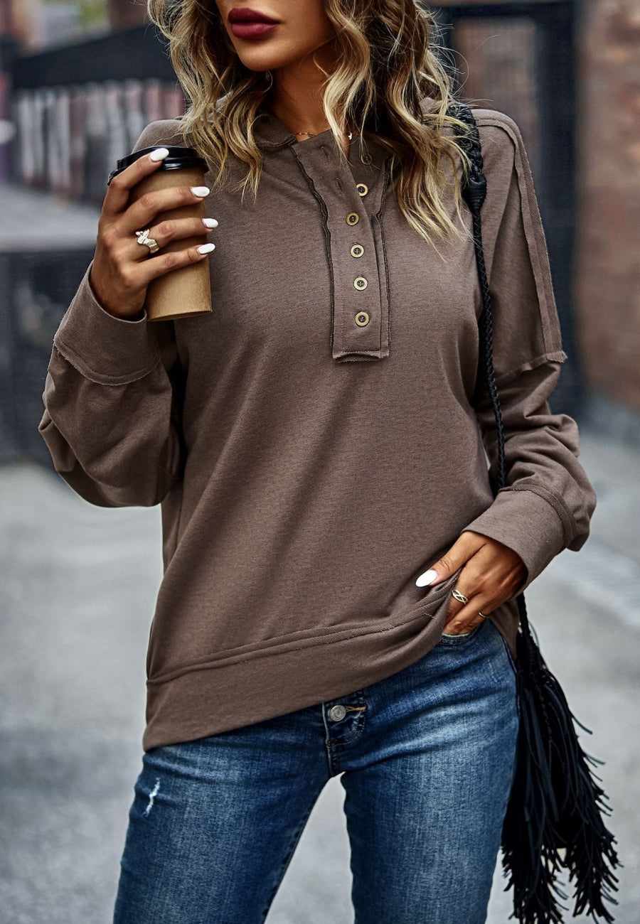 Solid Color Snap Button Henley Sweater
