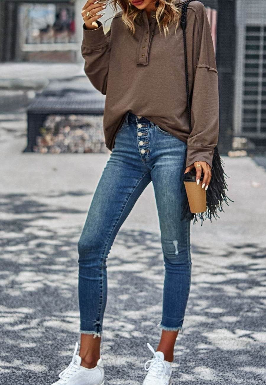 Solid Color Snap Button Henley Sweater