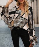 Multi Abstract Print Tie Cuff Blouse