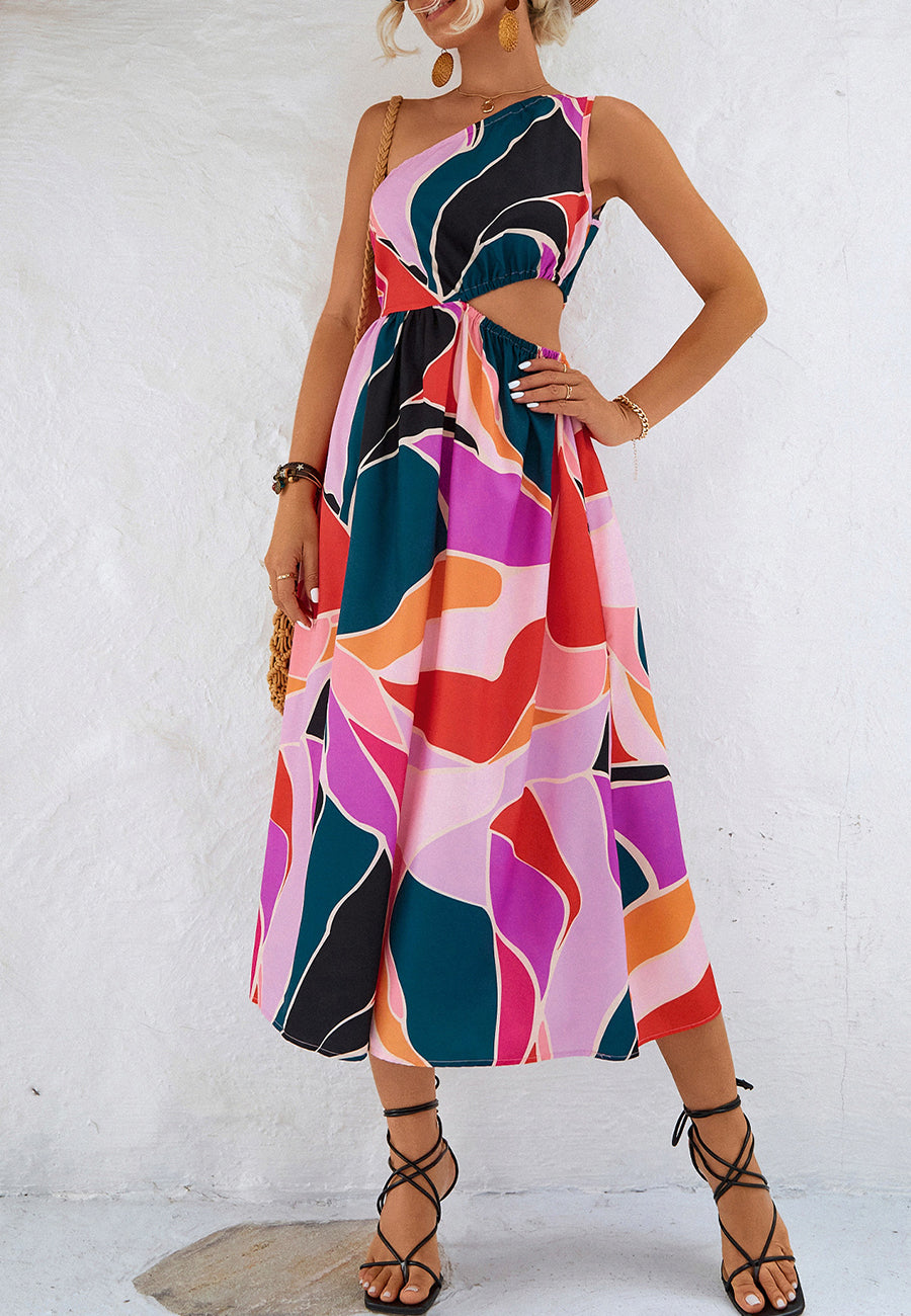 Multicolor Abstract One Shoulder Dress