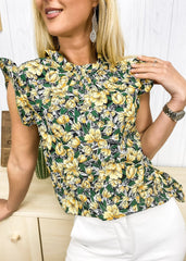 Blusa con volantes en los hombros con estampado floral tropical