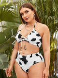 Plus Ribbed Printed Halter Tying High Rise Bikini Set