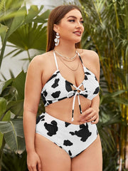 Plus geripptes, bedrucktes Neckholder-Bikini-Set mit hohem Bund