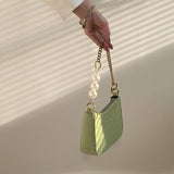Croc Embossed Shoulder Bag with Pearls & Gold Chain