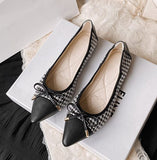 Houndstooth Pointed Toe Flats with Bow