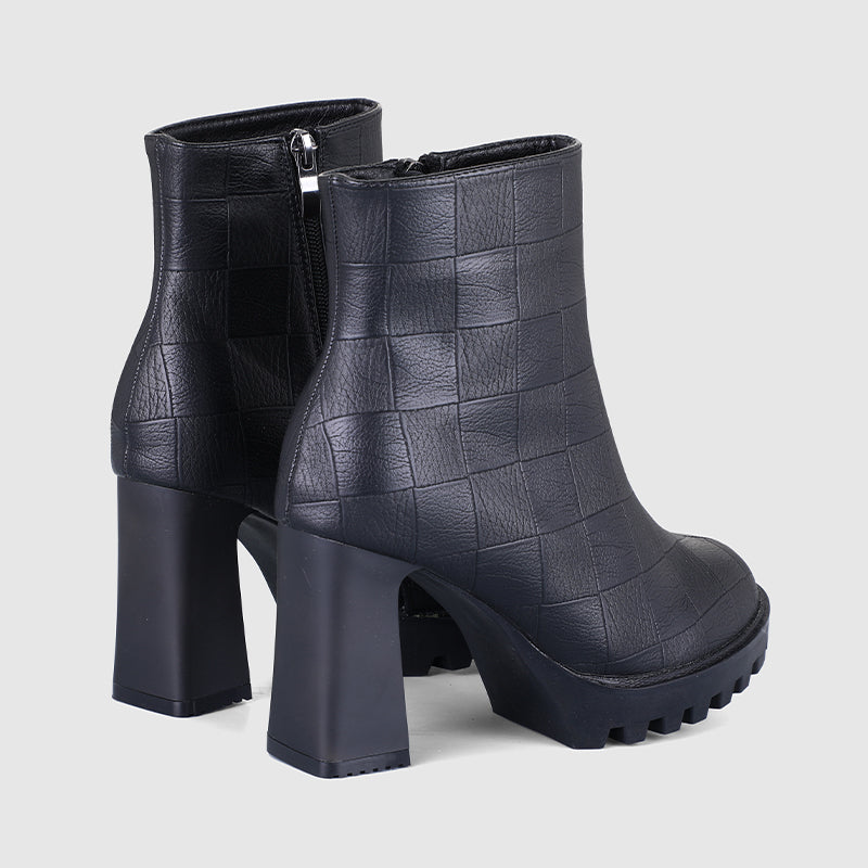 Plaid Pattern Chunky Heeled Ankle Boots