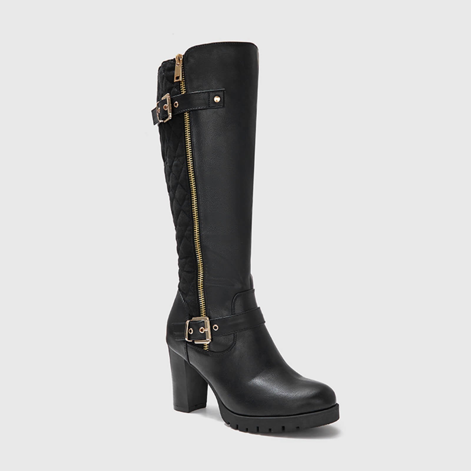 Botas altas hasta la rodilla gruesas, acolchadas y de pantorrilla ancha con hebilla