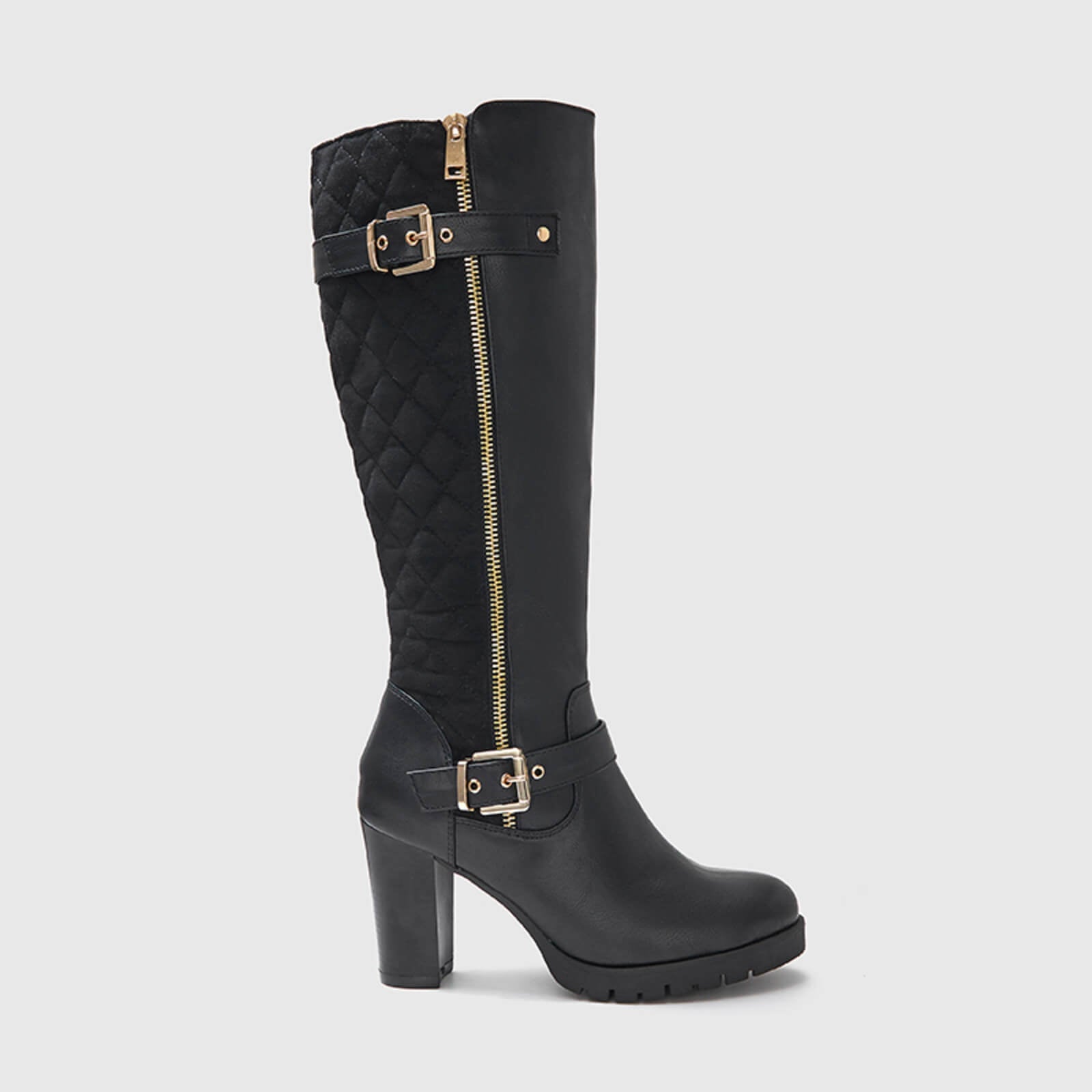 Botas altas hasta la rodilla gruesas, acolchadas y de pantorrilla ancha con hebilla