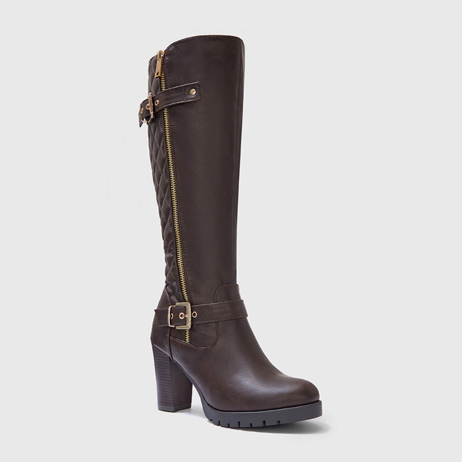 Botas altas hasta la rodilla gruesas, acolchadas y de pantorrilla ancha con hebilla