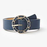 Faux Leather Belt with Round Gold Chian Buckle