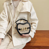 Woven Basket Crossbody Bag with Decorative Gold Links