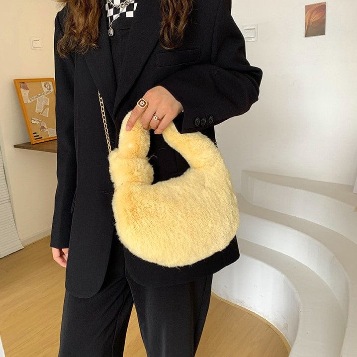 Fluffy Fur Round Basket Bag with Chain Strap